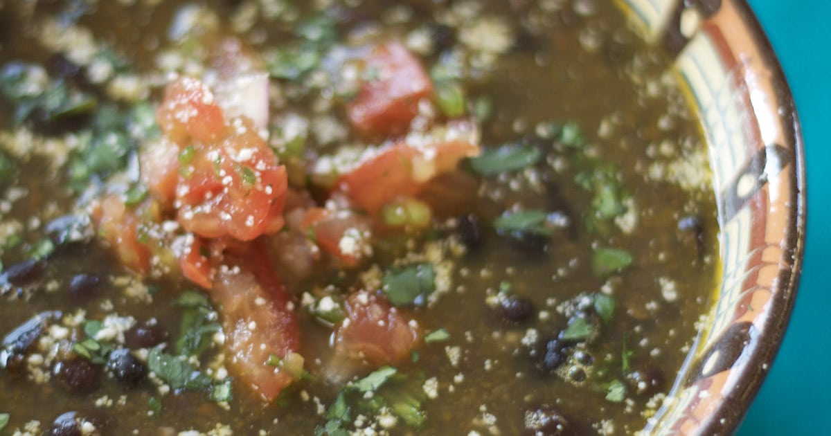 Blackbean soup in a decorated bowl