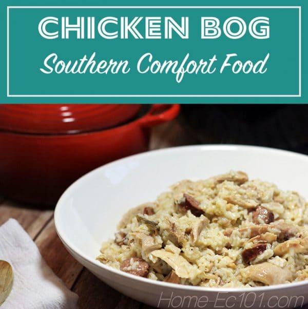 Chicken Bog is a dish from the Peedee Region of South Carolina. It's chicken, sausage, and rice simmered together. It's comfort food that can feed a crowd, is freezer friendly, and a perfect meal to share with new parents or someone who could just use a warm meal.