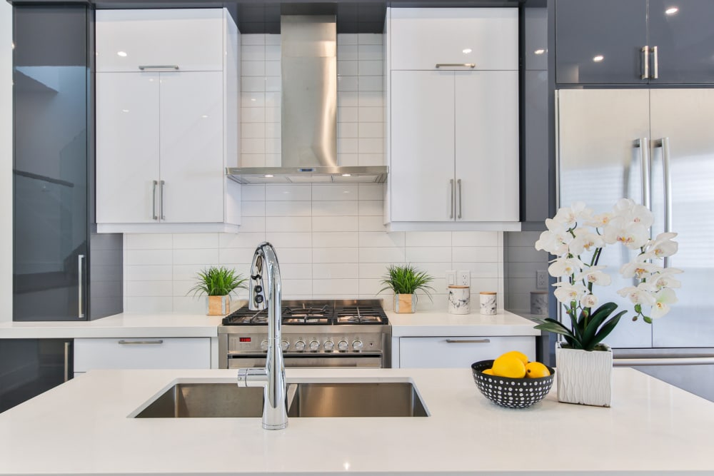 white kitchen with silver cooktop and sink