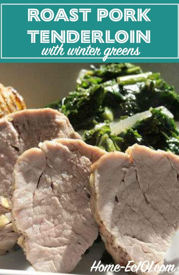 This roast pork tenderloin with winter greens and caramelized onions comes together quickly and makes a great weeknight meal.