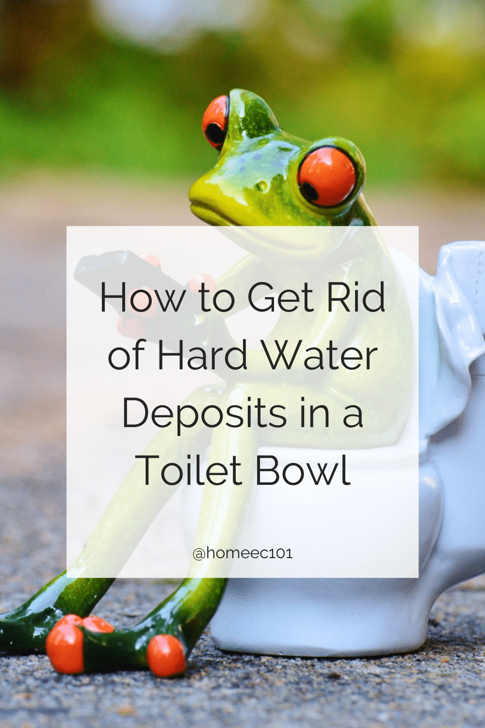 ceramic frog sitting on a toilet with text how to get rid of hard water deposits in a toilet bowl 
